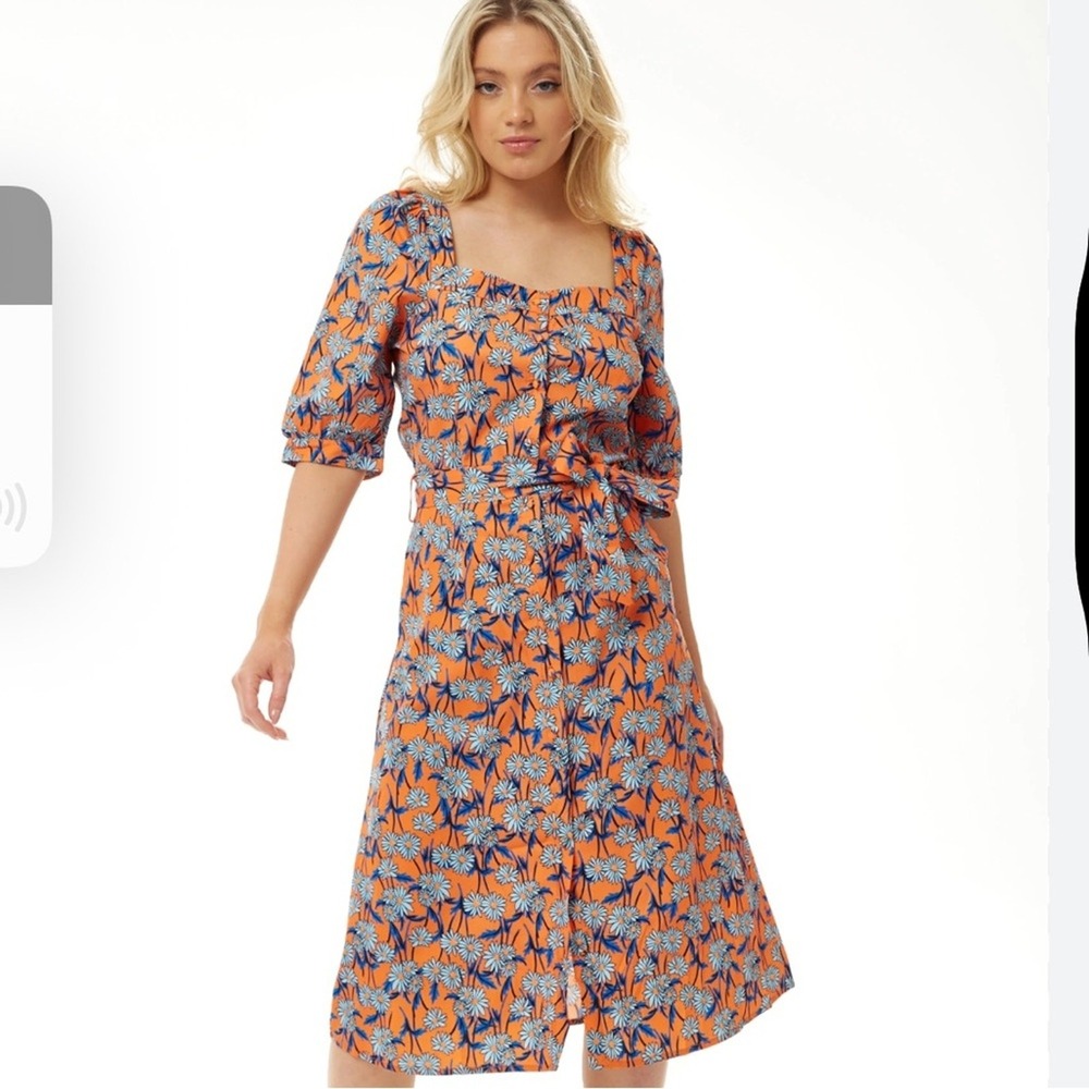 Liquorish NWT SZ 10 Floral Orange & Blue belted midi‎ shirtdress